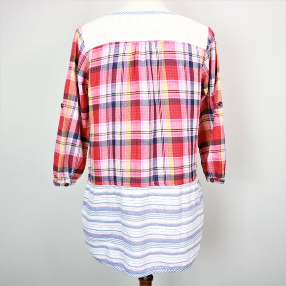 Niko and… Red Plaid Striped Button Front Floral Eyelet Tunic Women’s Size M - Picture 11 of 16